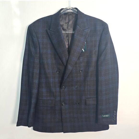 Lauren Ralph Lauren Double-Breasted Blazer Brown Blue Windowpane 40R NWT - Picture 1 of 12